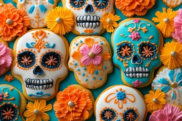 flat lay photography A bunch of sugar skull shaped cookies decorated with flowers, sugar skulls decorated for the Day of the Dead, sugar cookie dia de los muertos theme backdrop