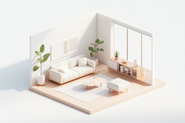 Isometric room. This serene living room features an open interior with modern furnishings bathed in natural light, creating a cozy atmosphere perfect for relaxation and tranquility