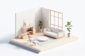 Isometric room. This serene living room features an open interior with modern furnishings bathed in natural light, creating a cozy atmosphere perfect for relaxation and tranquility