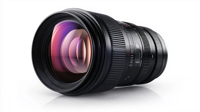 Professional photo camera zoom lens lying on white background