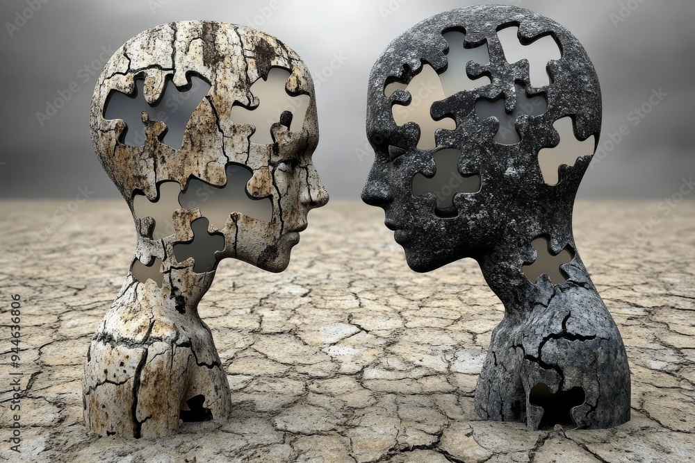 Poster artistic rendering of two cracked heads in a barren landscape symbolizing the broken thoughts fragme