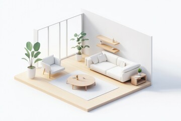 This open living room embodies Muji style with its minimalist furniture, abundant natural light, and tranquil ambiance, creating a perfect space for relaxation and comfort. Isometric style room