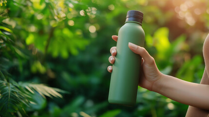 Woman holding reusable water bottle surrounded by lush greenery