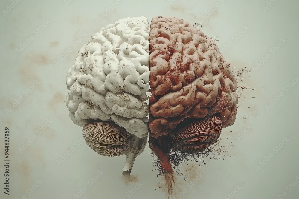 Poster minimalist sculpture of a brain divided into two halves one white and one red symbolizing the dualit