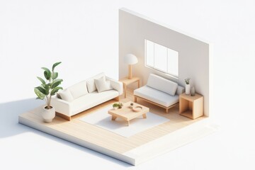 Experience a tranquil isometric living room designed in a Muji-inspired style, characterized by open space, modern furnishings, and abundant natural light that creates a serene atmosphere