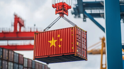 Crane lifting up container with chinese flag at port