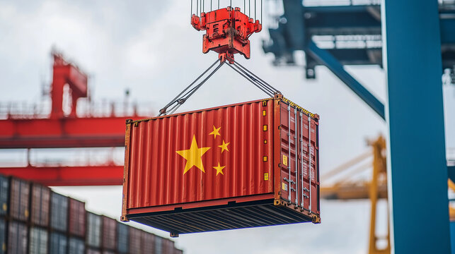 Crane lifting up container with chinese flag at port