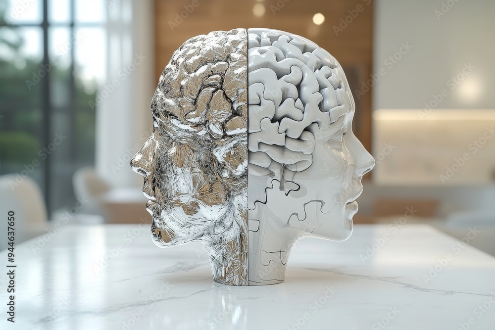 Poster minimalist 3d sculpture of a fragmented head made of puzzle pieces symbolizing the complexity discon