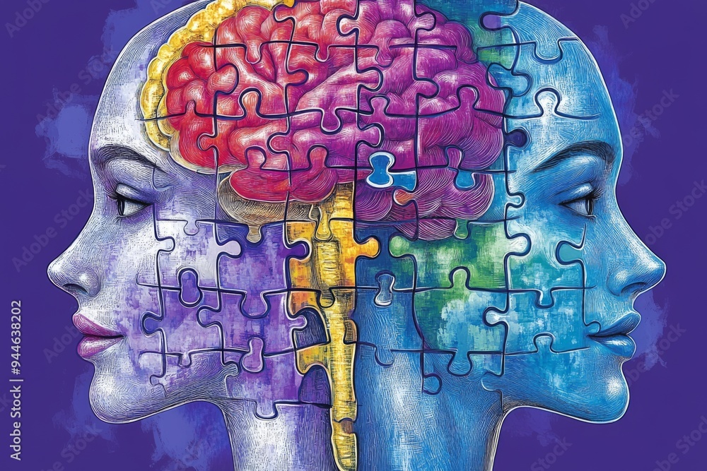 Aufkleber vibrant illustration of two profiles with colorful puzzle piece brains symbolizing the diversity cre