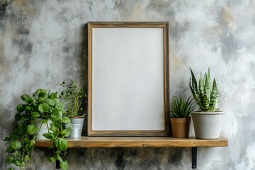 A rustic mockup frame rests on a wooden shelf, accentuated by lush indoor plants. Sunlight filters through, casting soft shadows in the serene interior. Mockup