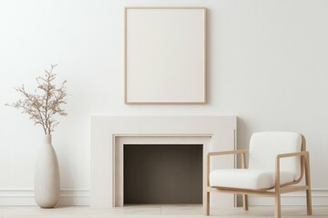 This serene living room showcases a light beige color palette, featuring a minimalist fireplace with an elegant empty frame above, creating a warm and inviting atmosphere for art enthusiasts. Mockup