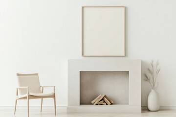 This serene living room showcases a light beige color palette, featuring a minimalist fireplace with an elegant empty frame above, creating a warm and inviting atmosphere for art enthusiasts. Mockup