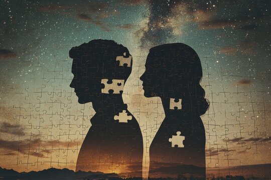 Artistic silhouette of a couple with puzzle piece brains against a starry sky symbolizing the cosmic connection mystery and integration of identities in a relationship