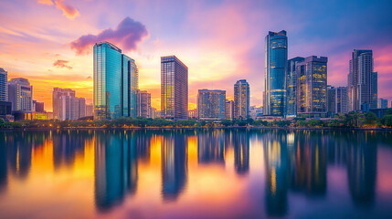 Obraz premium Modern city skyline reflecting on water at sunset