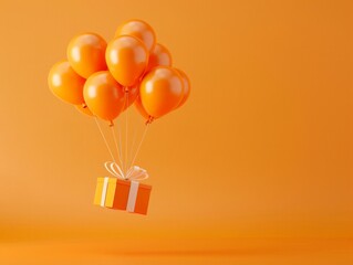 Present hanging from balloons in orange shades