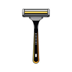 A close-up vector illustration of a black razor with a gold handle and silver blades, isolated on a white background.