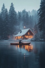 Fototapeta premium A person kayaking in lake water in winter with snow with house
