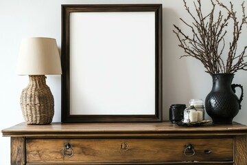 A vintage frame sits above a wooden dresser in a warm living room, complemented by natural decorations like indoor plants and textured walls that enhance the cozy atmosphere. Mockup