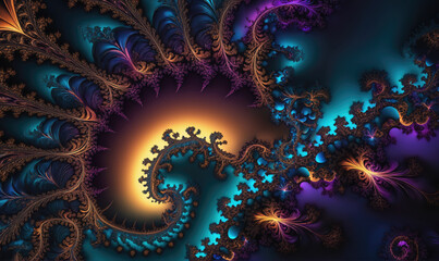 A vibrant fractal pattern in shades of blue, purple, and orange swirls into a glowing center