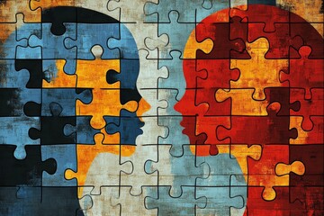 Abstract mosaic of colorful puzzle piece faces symbolizing the diversity fragmentation and unity of thoughts identities and emotions in a complex social landscape