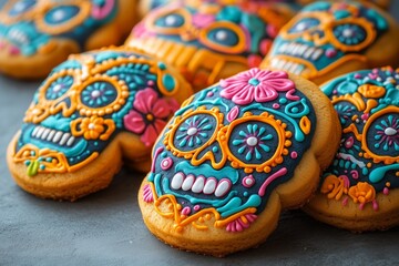 flat lay photography A bunch of sugar skull shaped cookies decorated with flowers, sugar skulls decorated for the Day of the Dead, sugar cookie dia de los muertos theme backdrop