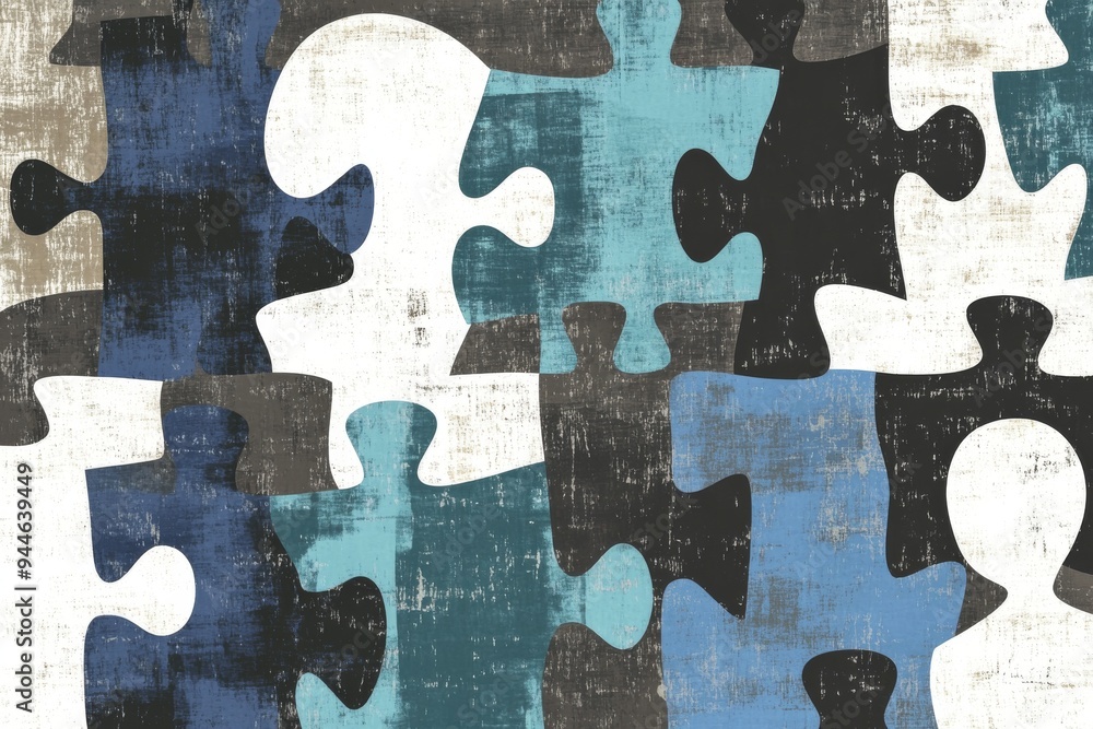 Poster black and white abstract illustration of puzzle pieces symbolizing the fragmentation complexity and 