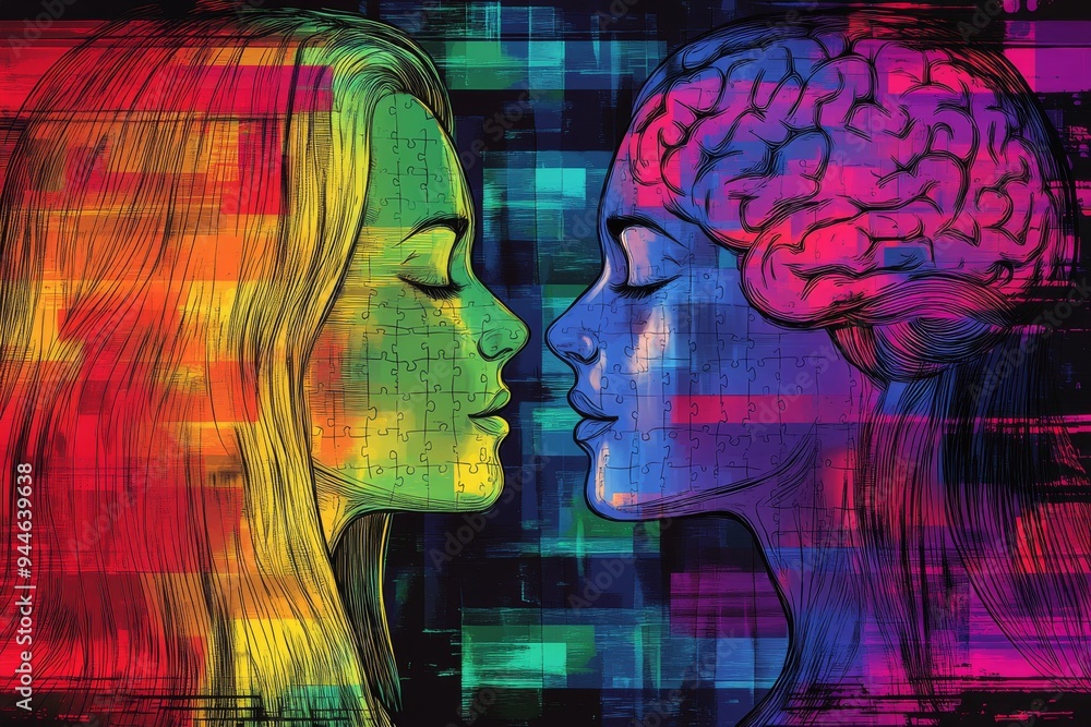 Poster vibrant digital art of two faces with glitch effects symbolizing the disruption distortion and compl