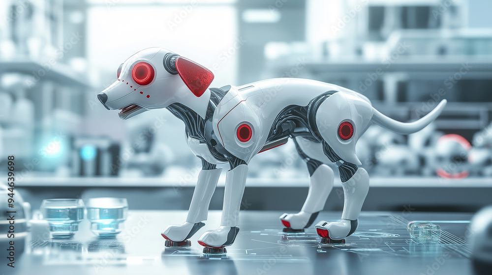 Aufkleber white robot dog standing on metal table in laboratory setting