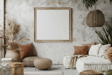 A rustic styled interior showcases a cozy seating area with plush cushions, an empty frame ready for artwork, and natural decor elements enhancing the warm atmosphere. Mockup