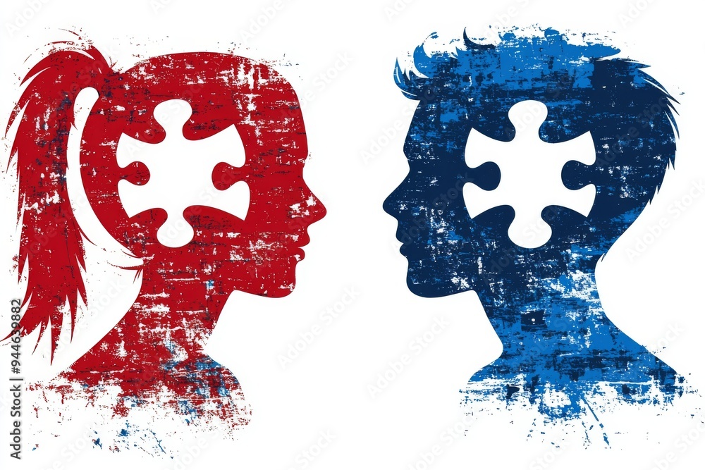 Poster conceptual digital illustration of red and blue profiles with puzzle piece faces symbolizing the com