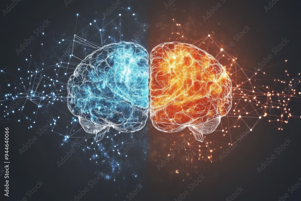 Poster abstract digital art of two brains connected by neural sparks symbolizing the vibrant exchange of id