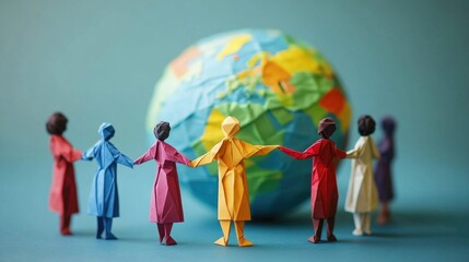 Paper people in different outfits hold hands in front of a globe, symbolizing global unity and diversity. The concept of the day "Zero Discrimination"