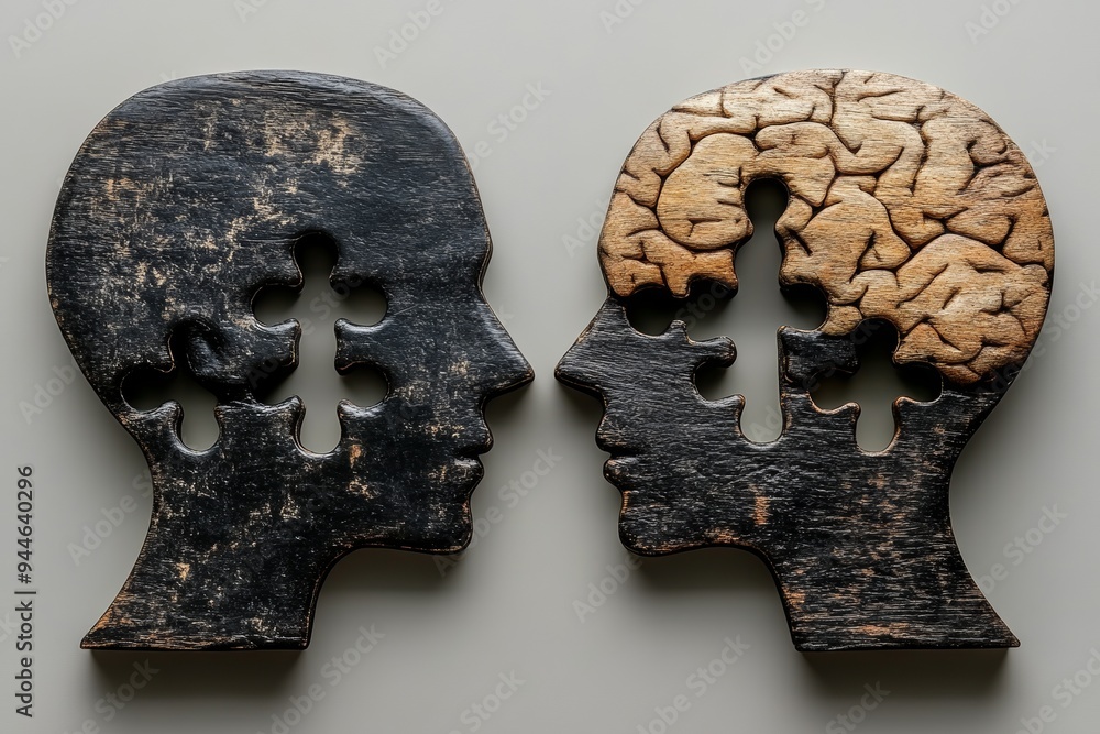 Poster weathered stone heads with missing puzzle pieces symbolizing the erosion decay and loss of identity 