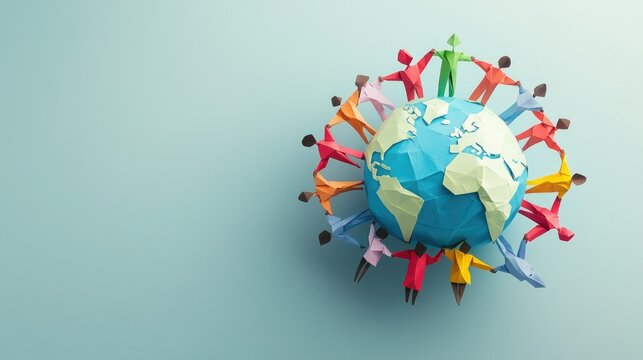 Paper people in different outfits hold hands around a globe on a blue surface, symbolizing global unity and diversity. The concept of the day "Zero discrimination"