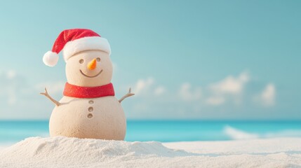 A festive snowman wearing a Santa hat stands on a serene beach with tranquil waters and pastel skies during wintertime