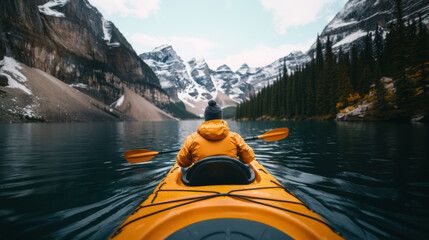 Fototapeta premium A person kayaking in lake water in winter with snow mountain