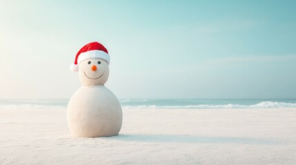 A festive snowman wearing a Santa hat stands on a serene beach with tranquil waters and pastel skies during wintertime