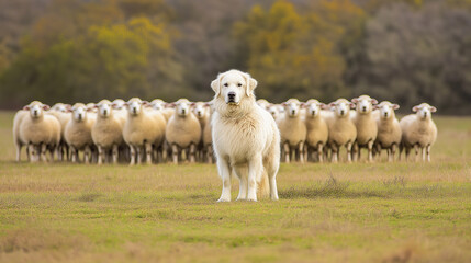 Fototapeta premium Maremma sheepdog guarding his flock of sheep in a green field