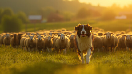 Obraz premium Border collie dog herding flock of sheep running on meadow at sunset