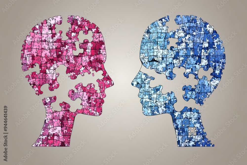 Poster puzzle pieces forming a brain in profile representing cognitive development mental health and intell