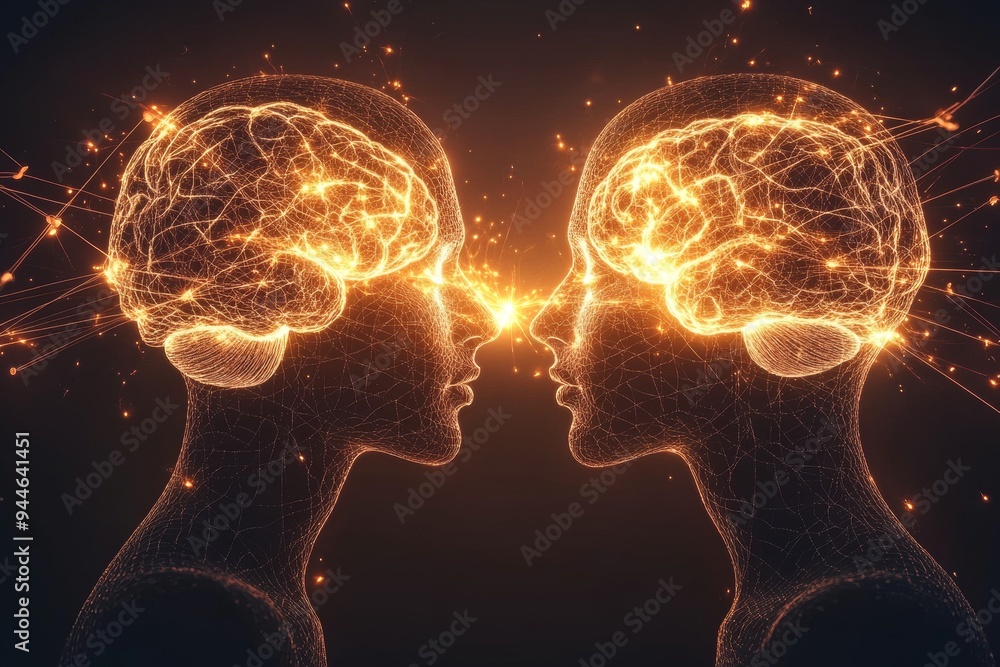 Poster abstract art depicting two minds connected by glowing neural pathways symbolizing communication tele