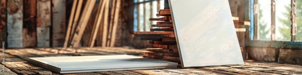 Poster stack of lumber prepared for framing with an empty canvas on the table