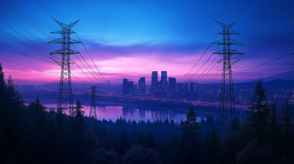 High voltage power lines towering over cityscape at sunset