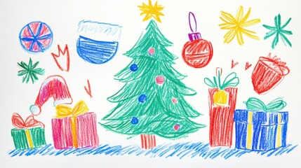A colorful holiday drawing featuring a cheerful Santa Claus, a decorated Christmas tree, and festive gifts during winter celebrations