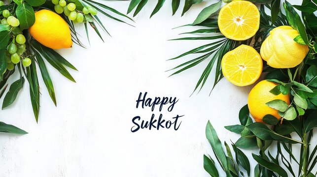 Sukkot holiday card with traditional symbols: etrog (citron), lulav (palm branch), hadas (myrtle), arava (willow) on a white background with the inscription "Happy sukkot"