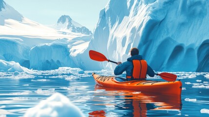 A kayaker boating in sea water with iceberg.