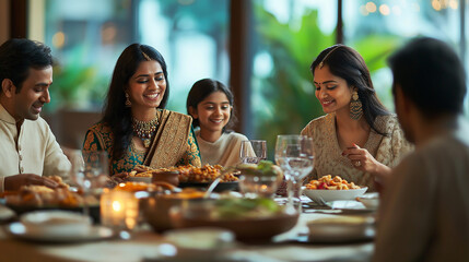 Happy indian family having dinner together at home