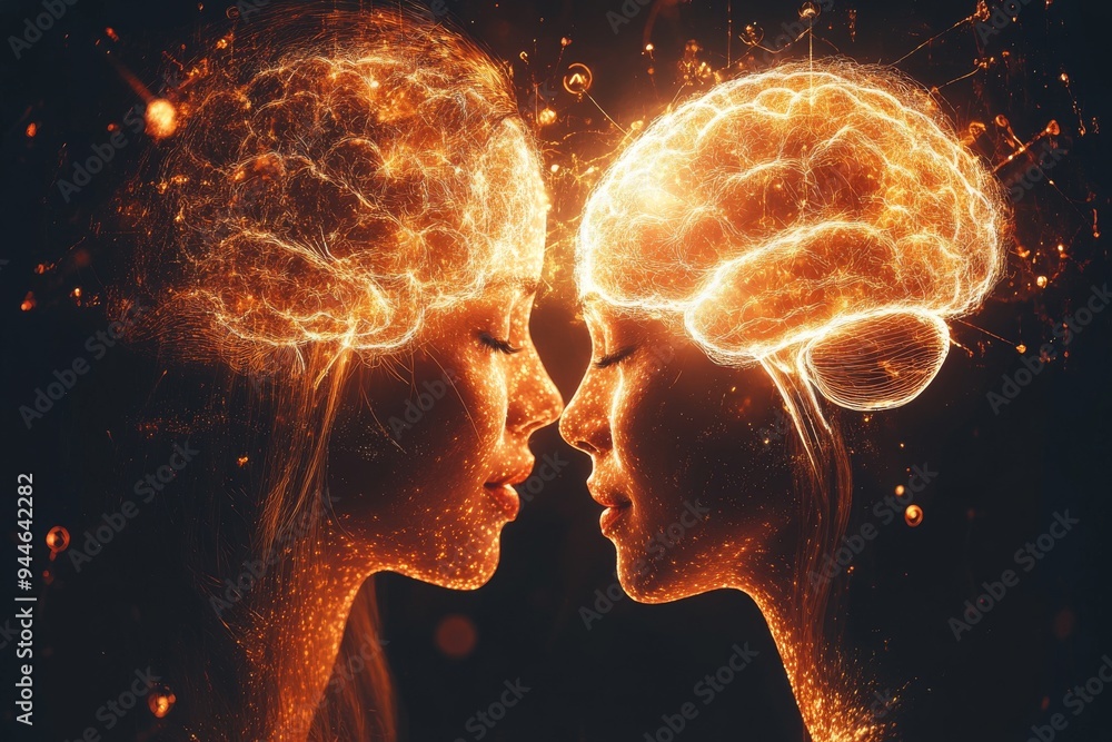 Poster couples minds connected by glowing brains representing synaptic interaction and mental intimacy in a