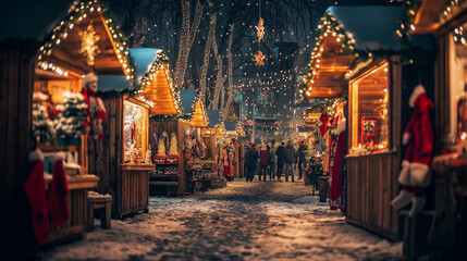 Obraz premium Traditional european christmas market at night with people walking and shopping