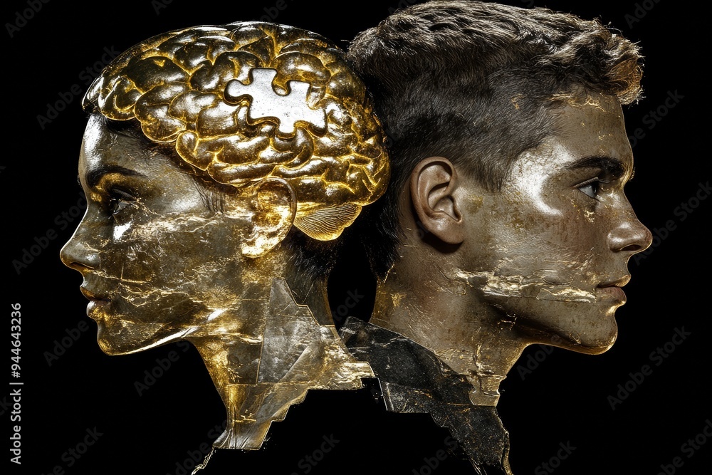 Poster artistic representation of two figures with golden brains illustrating the fusion of thoughts shared